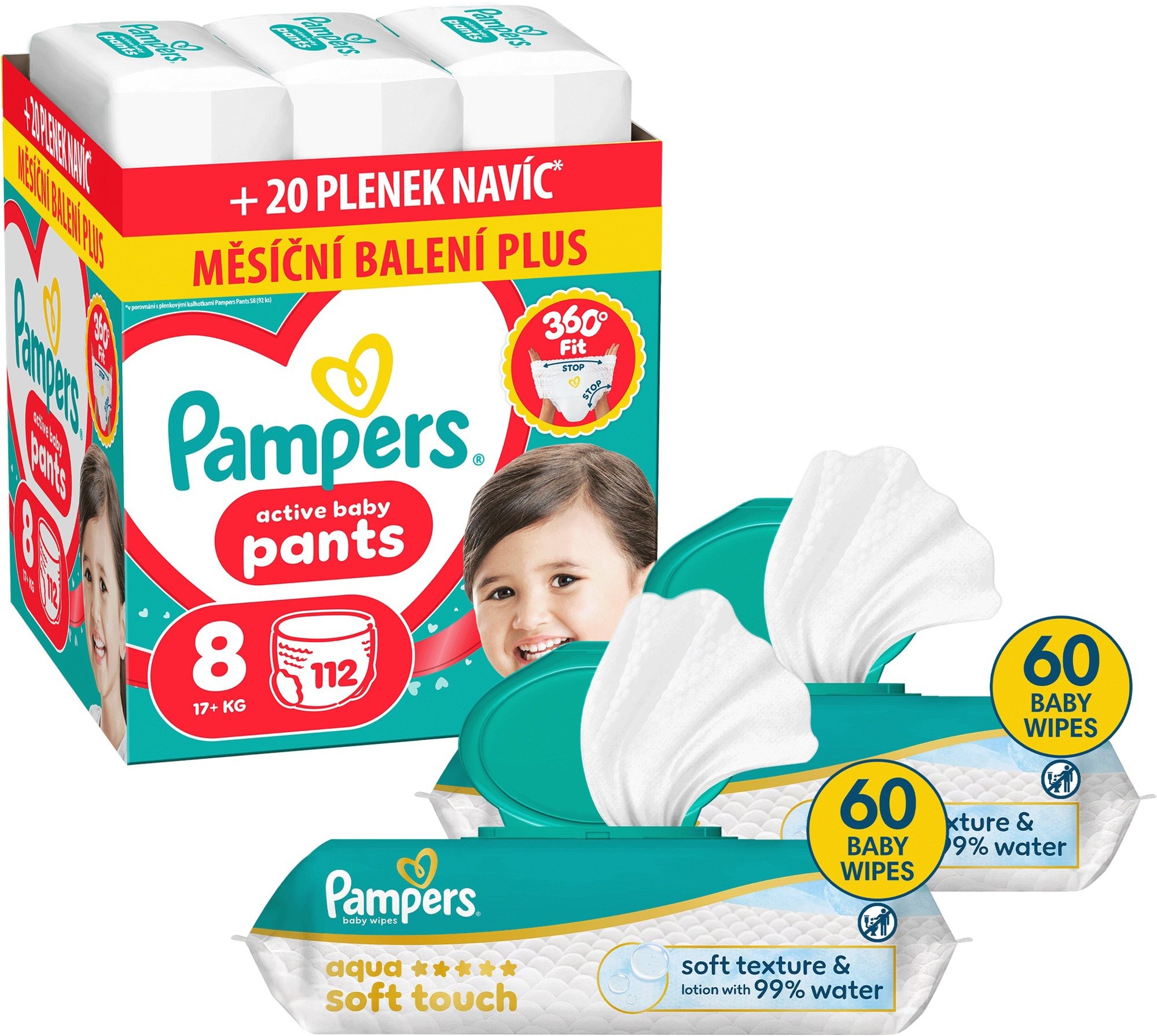 PAMPERS Pants vel. 8 (112 ks) + PAMPERS Aqua Soft Touch 120 ks (2× 60 ks)