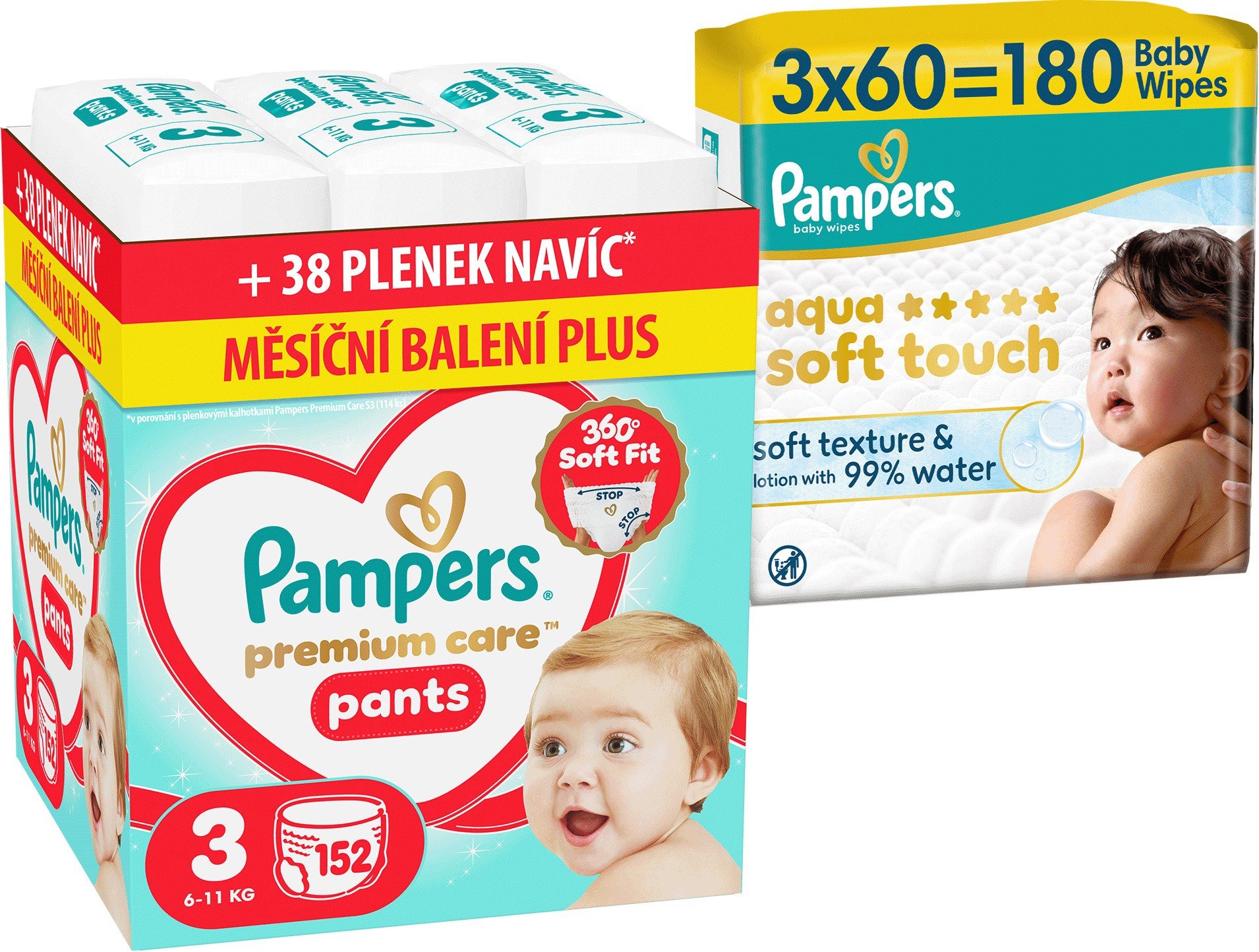 PAMPERS Premium Care Pants vel. 3 (152 ks) + PAMPERS Aqua Soft Touch 180 ks (3× 60 ks)