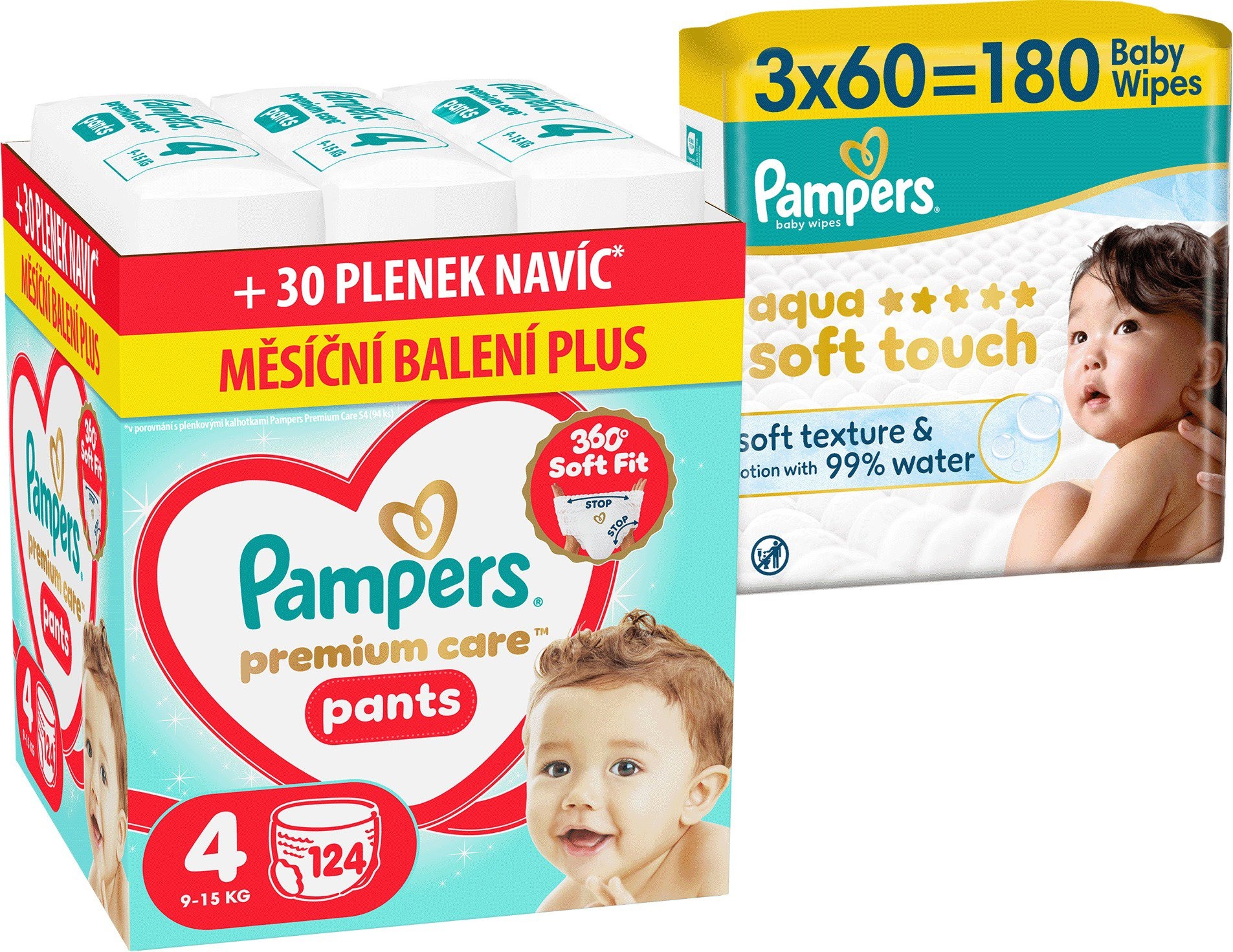 PAMPERS Premium Care Pants vel. 4 (124 ks) + PAMPERS Aqua Soft Touch 180 ks (3× 60 ks)