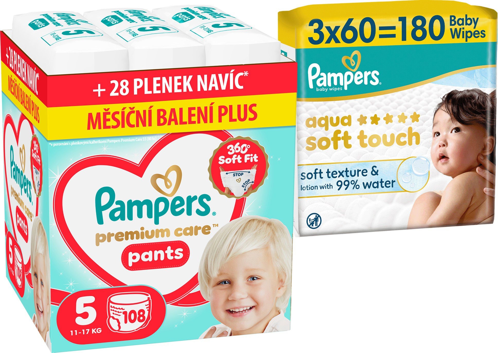 PAMPERS Premium Care Pants vel. 5 (108 ks) + PAMPERS Aqua Soft Touch 180 ks (3× 60 ks)