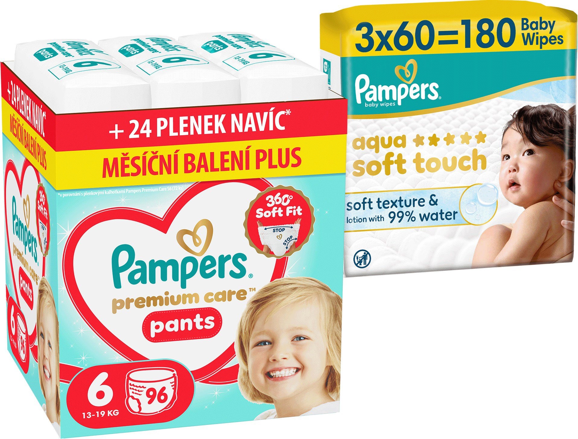 PAMPERS Premium Care Pants vel. 6 (96 ks) + PAMPERS Aqua Soft Touch 180 ks (3× 60 ks)