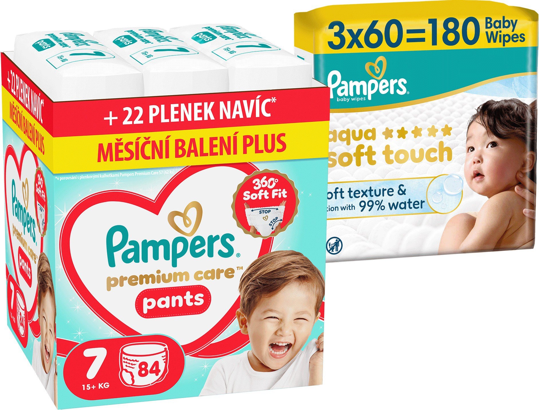 PAMPERS Premium Care Pants vel. 7 (84 ks) + PAMPERS Aqua Soft Touch 180 ks (3× 60 ks)