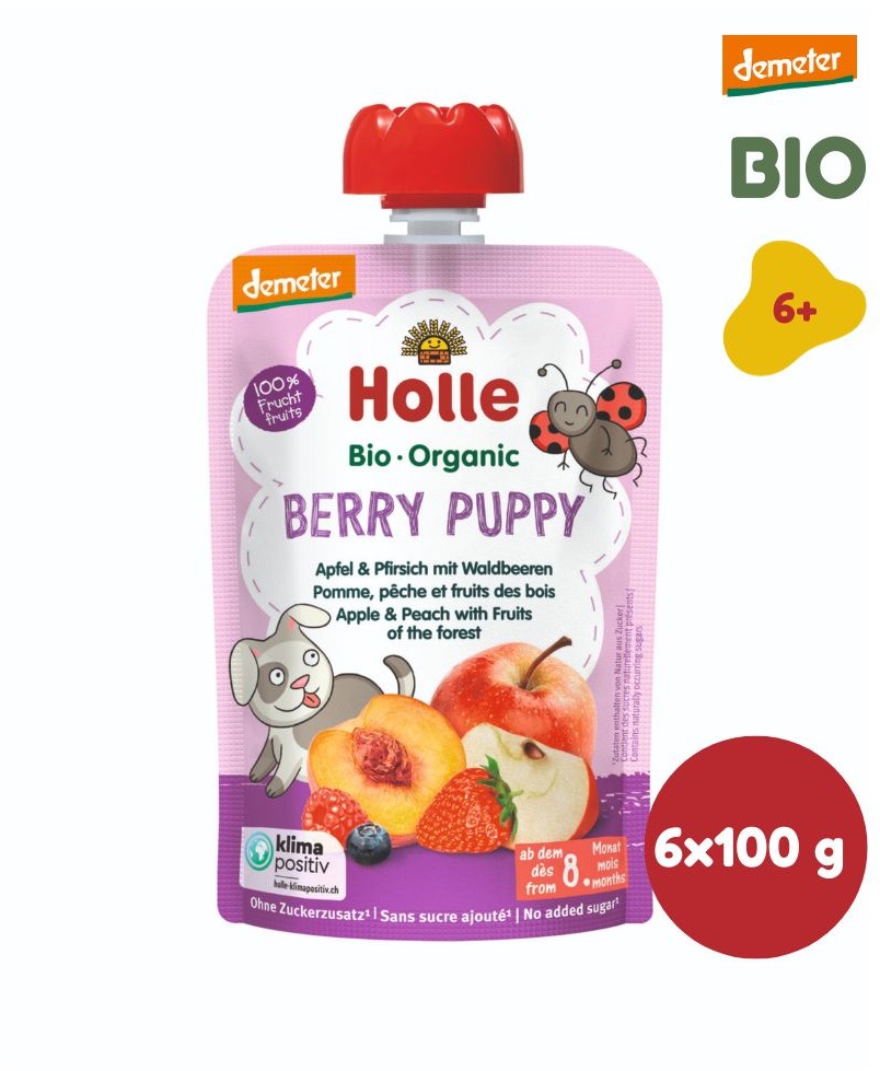 HOLLE Berry Puppy BIO jablko broskev a lesní plody 6× 100 g