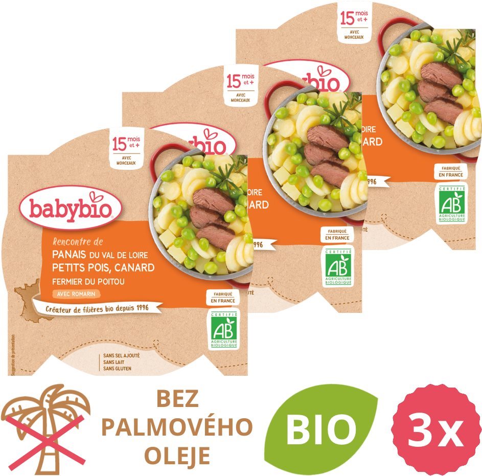 BABYBIO Pastinák s hráškem a farmářskou kachnou 3× 260 g