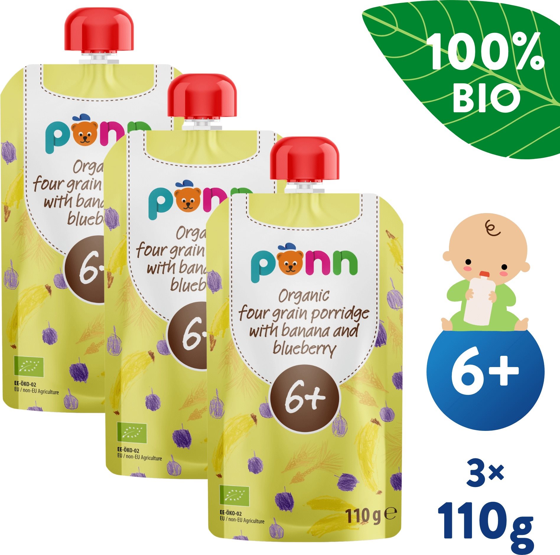 SALVEST Ponn BIO Banán s borůvkou a obilnými vločkami 3× 110 g