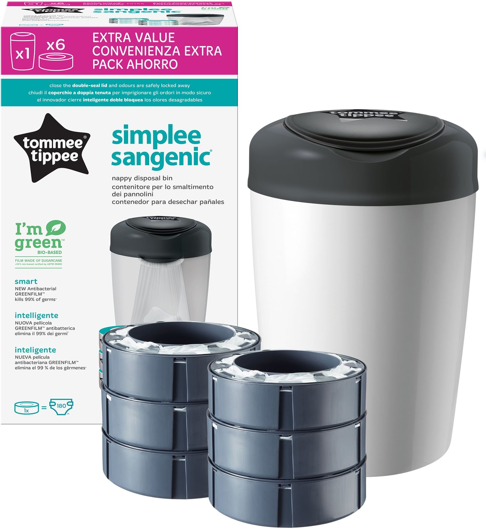 Tommee Tippee Sangenic Simplee koš na pleny + 6× kazeta, šedý