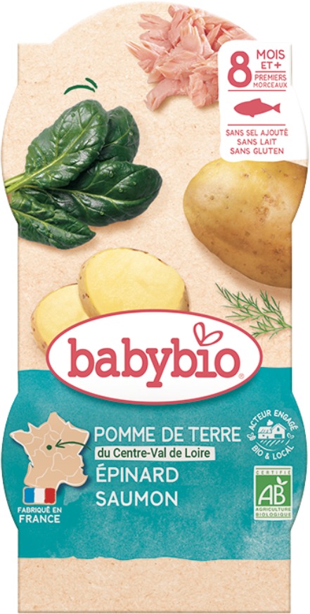 BABYBIO Brambory a špenát s lososem a rýží 2× 200 g