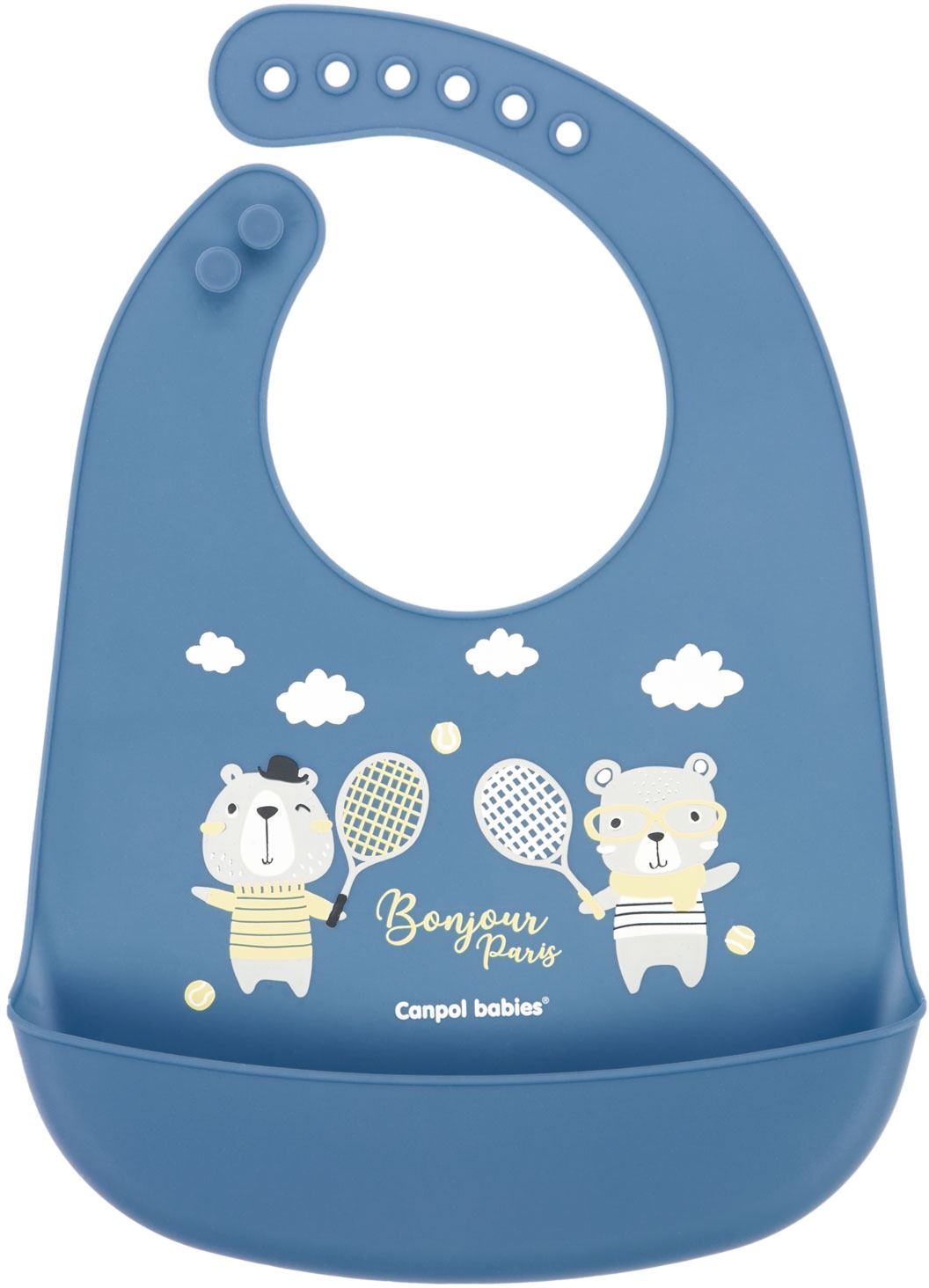 Canpol Babies bryndák silikonový s kapsou Bonjour Paris, modrý