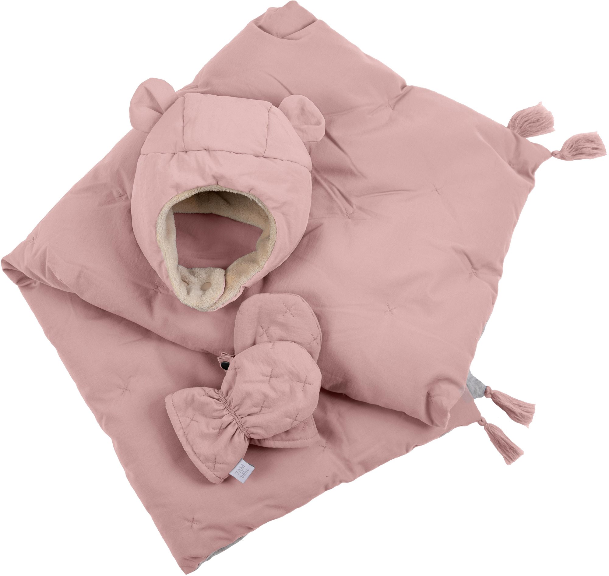 7AM Enfant komplet AIRY PINK ( 0-6m ) - čepice, rukavice, deka