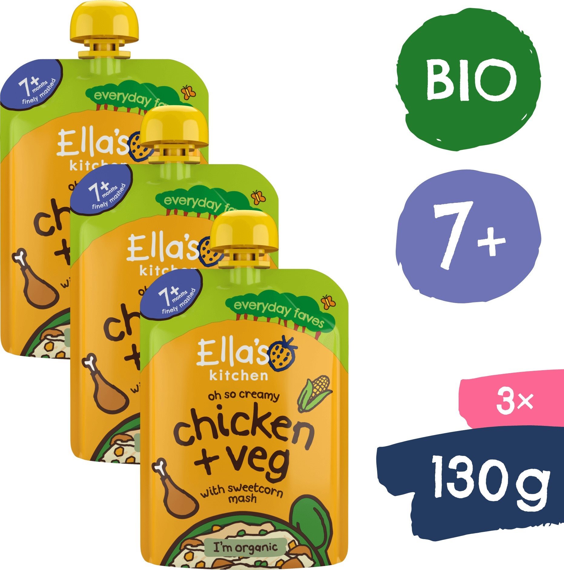 Ella's Kitchen BIO Kuřátko s kukuřičnou kaší 3× 130 g