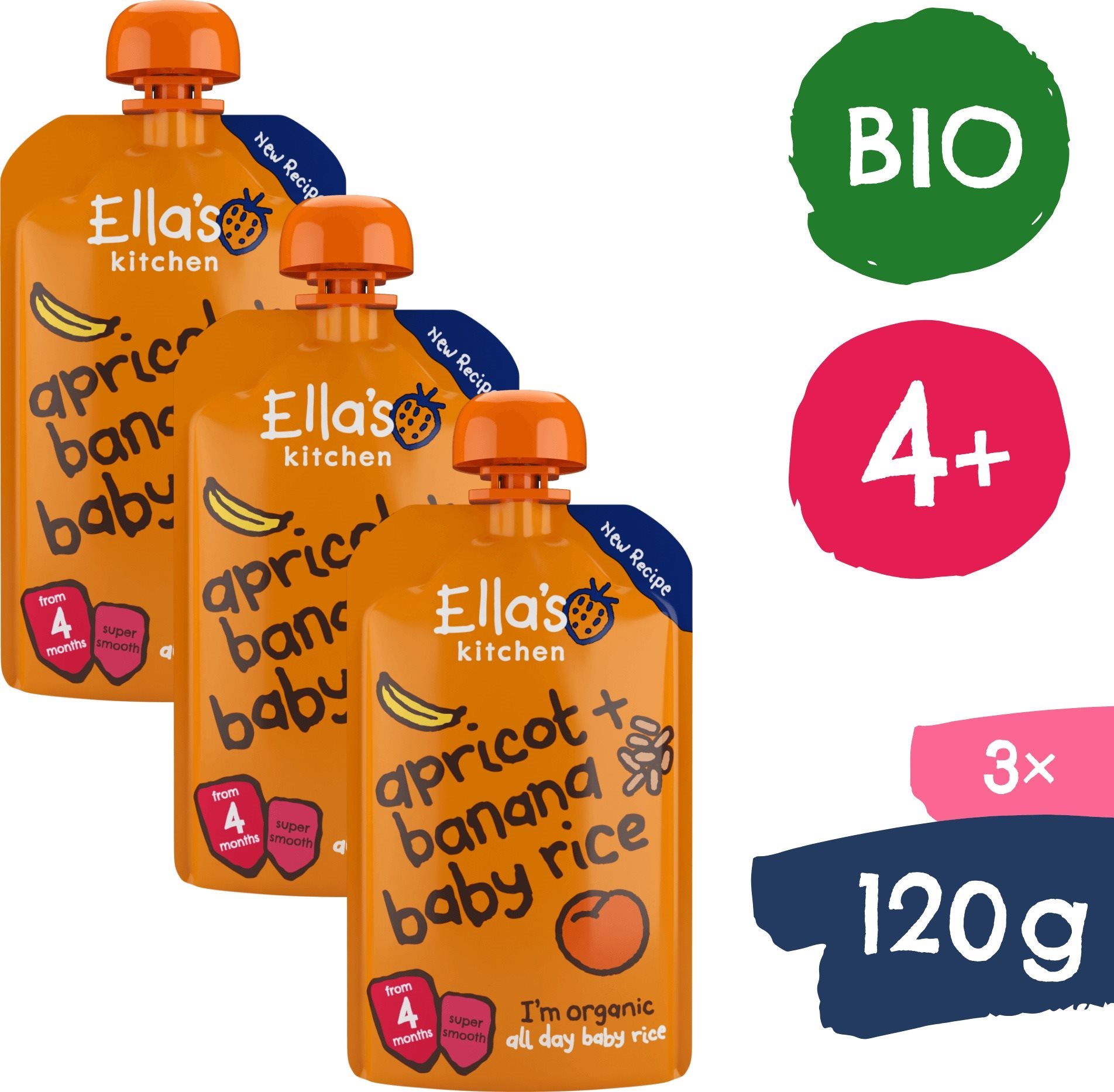 Ella's Kitchen BIO Dětská rýže, banán a meruňka 3× 120 g