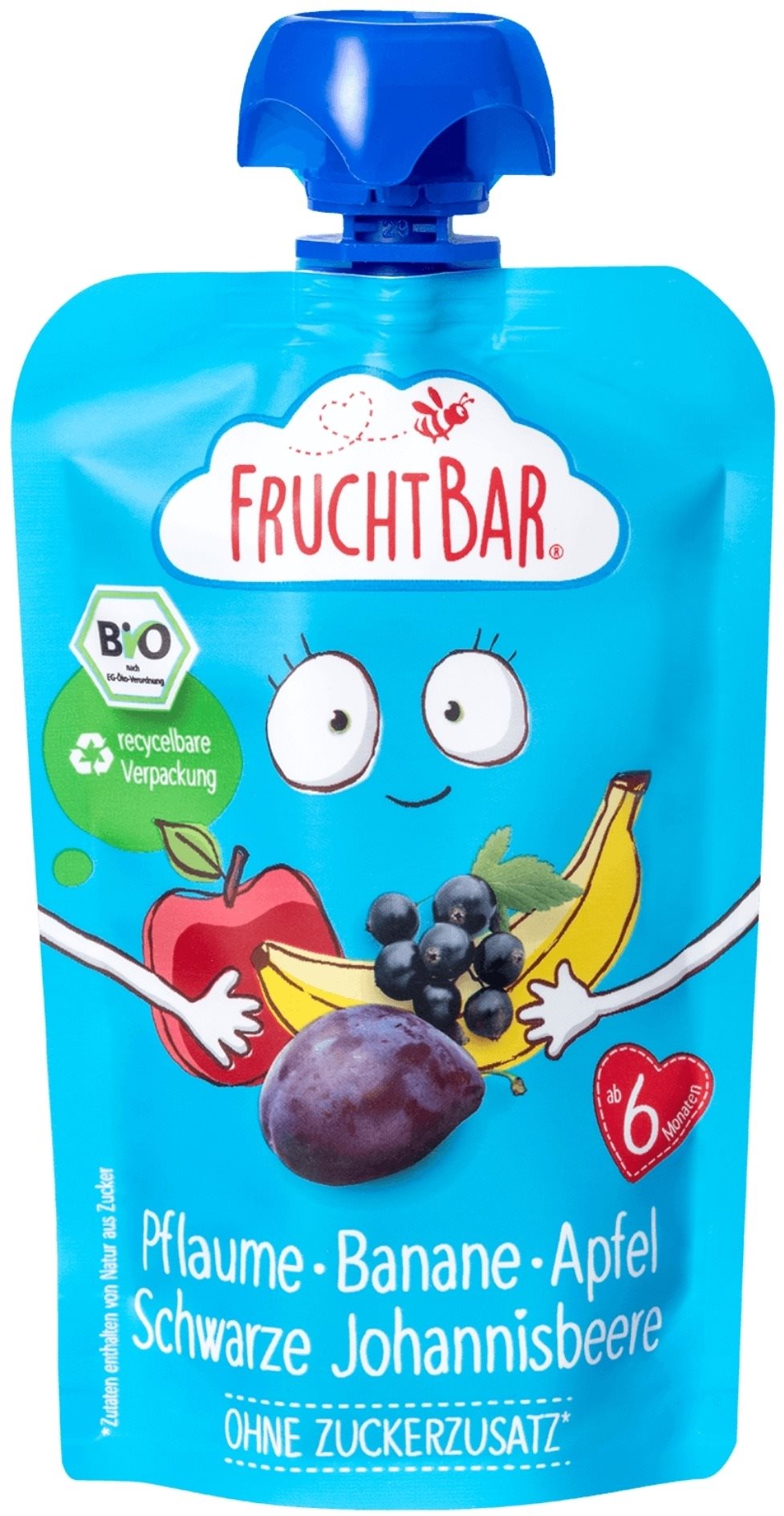 FruchtBar BIO ovocná kapsička s jablkem, banánem, švestkou a černým rybízem 100 g