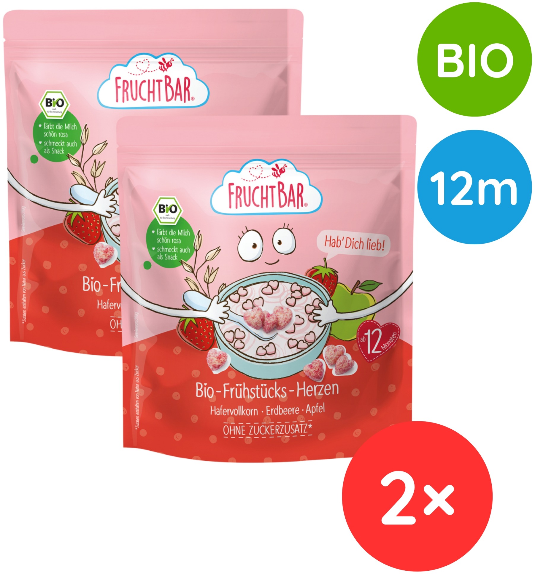 FruchtBar BIO Cereálie srdíčka s jahodami a jablkem 2× 125 g