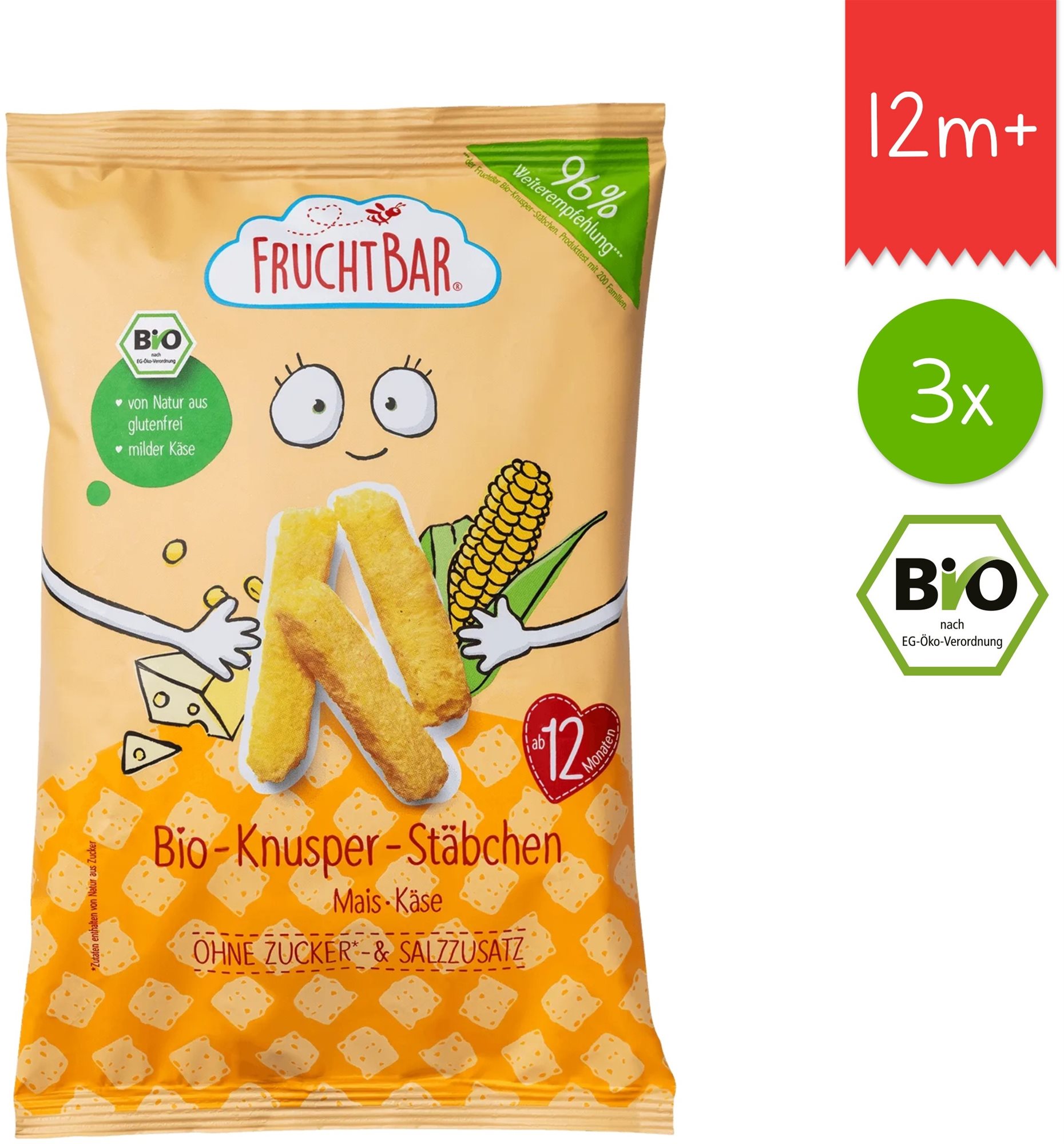 FruchtBar BIO kukuřičné křupky se sýrem nesolené 3× 30 g