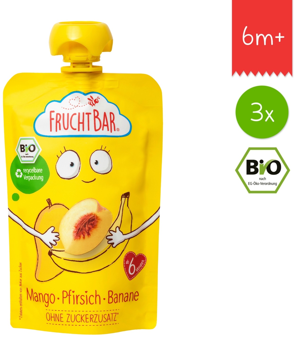 FruchtBar BIO ovocná kapsička s banánem, broskví a mangem 3× 100 g