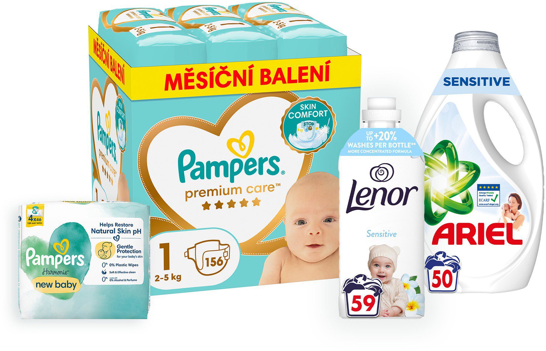 PAMPERS balíček I. (plenky vel. 1 - 156 ks, vlhčené ubrousky, prací gel a aviváž)