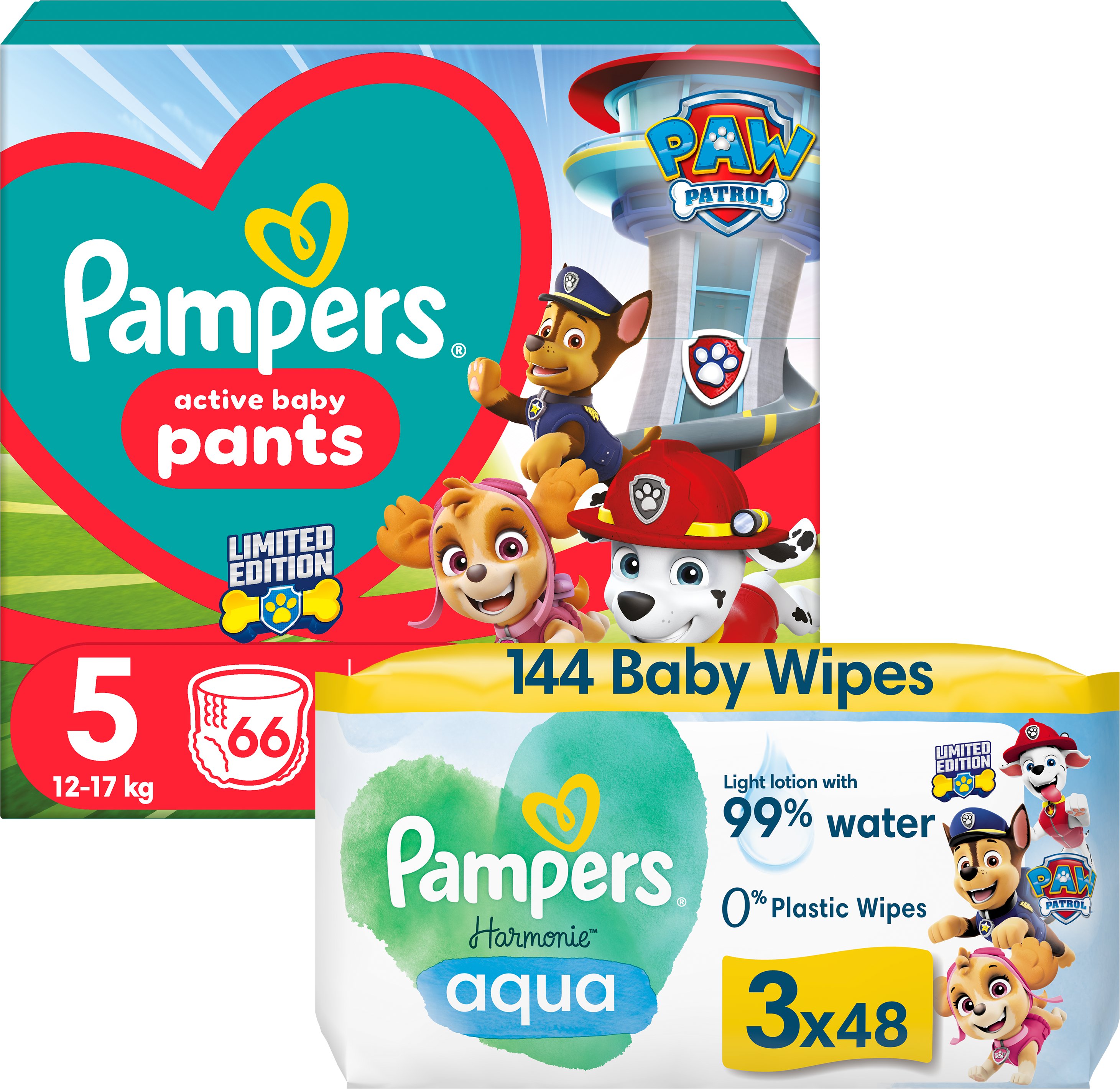 PAMPERS Active Baby Pants Paw Patrol vel. 5 (66 ks) + Harmonie Aqua Paw Patrol ubrousky 3× 48 ks