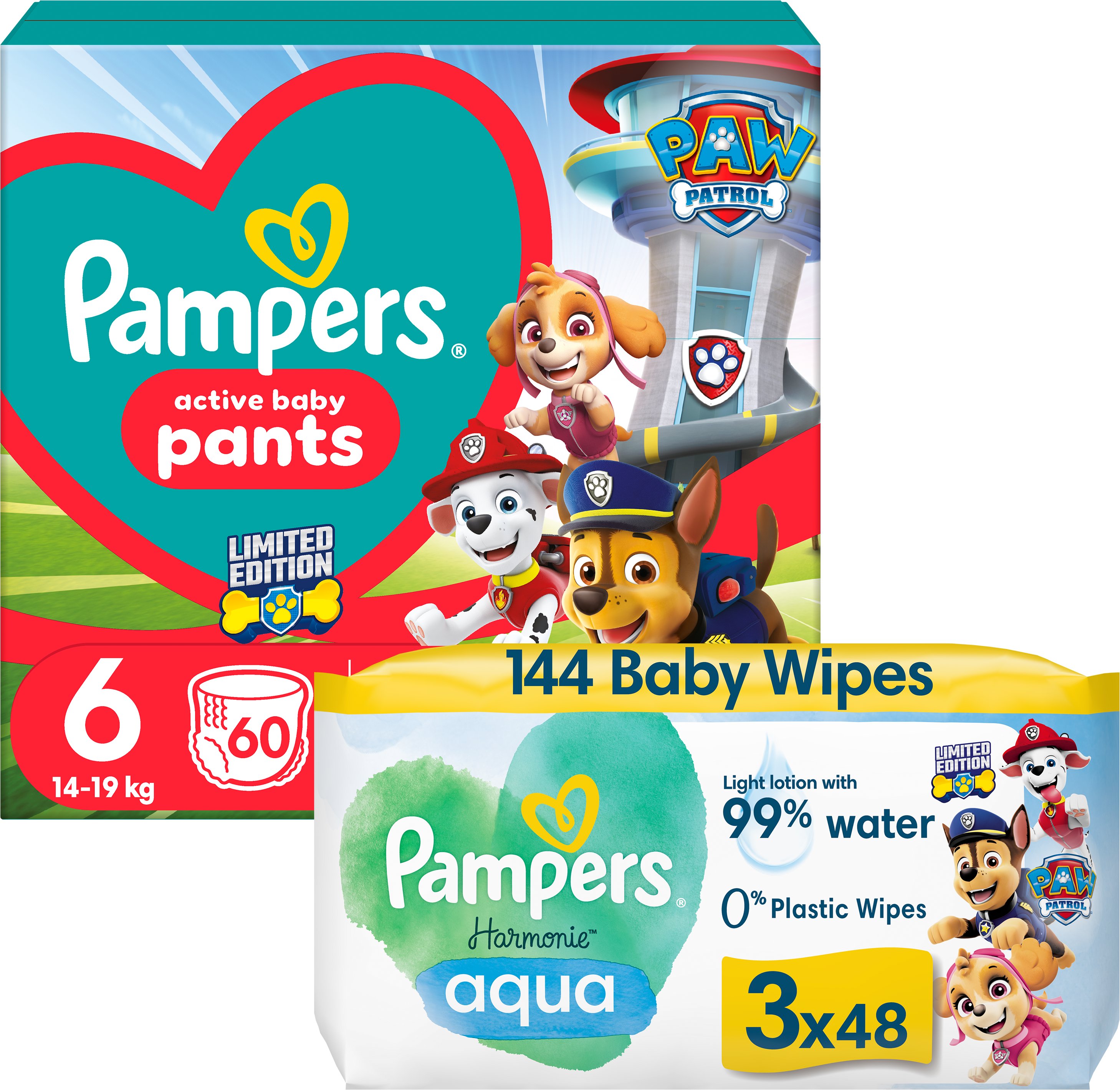 PAMPERS Active Baby Pants Paw Patrol vel. 6 (60 ks) + Harmonie Aqua Paw Patrol ubrousky 3× 48 ks