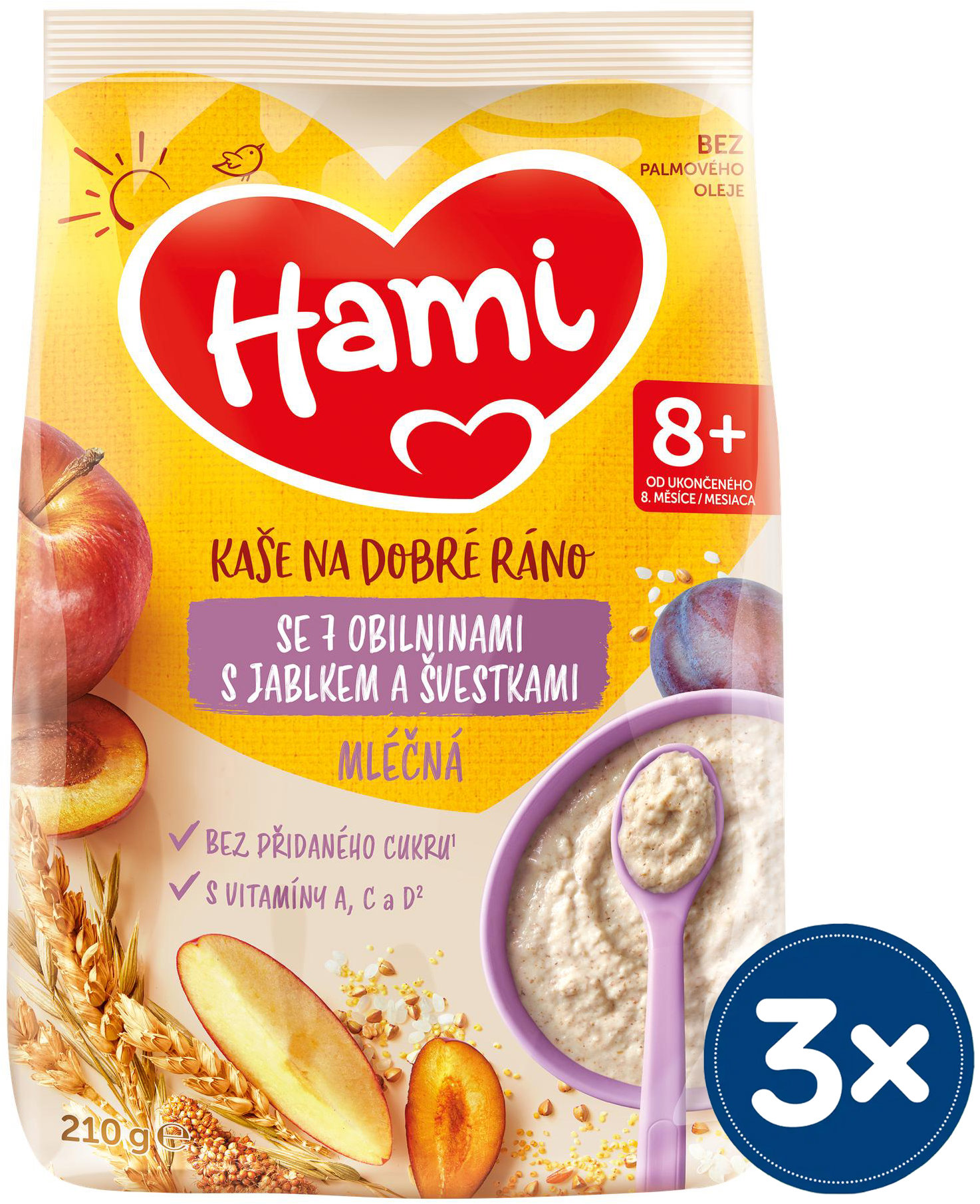 Hami mléčná kaše se 7 obilninami s jablkem a švestkami 3× 210 g