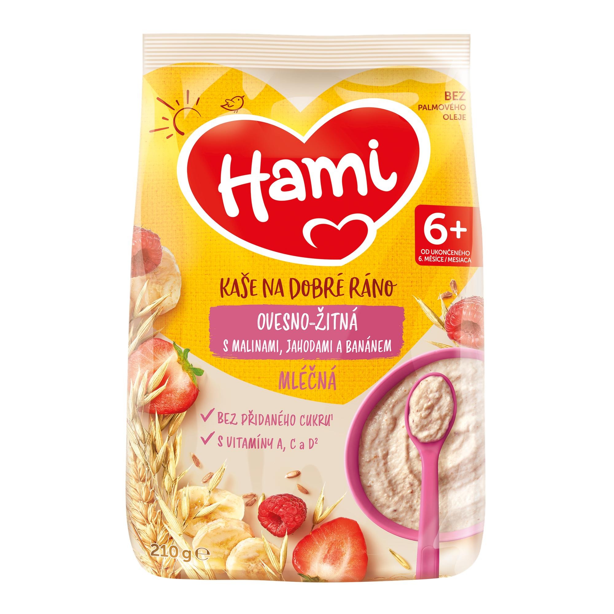 Hami mléčná kaše ovesno-žitná s malinami, jahodami a banánem 210 g