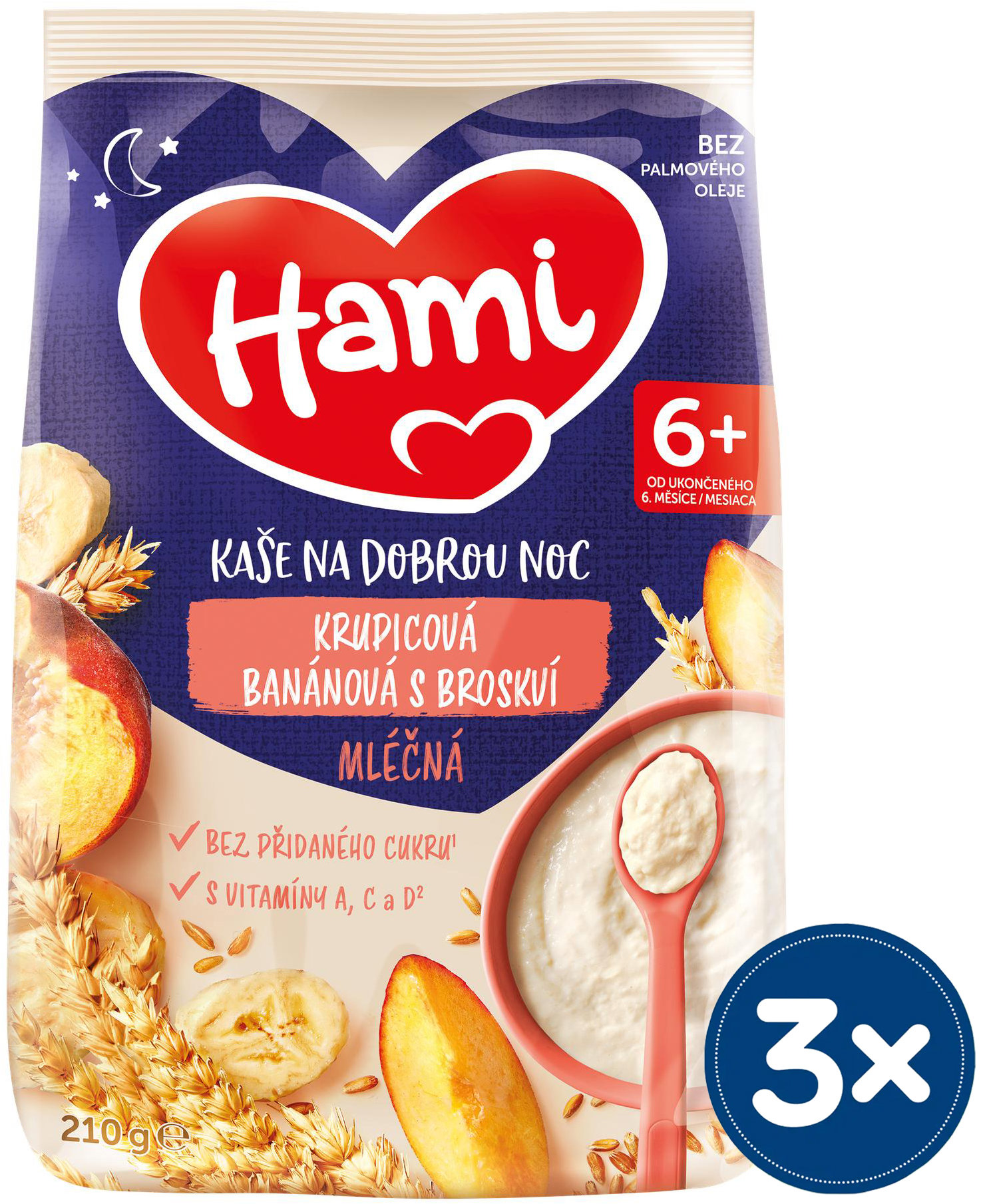 Hami mléčná kaše krupicová banánová s broskví 3× 210 g