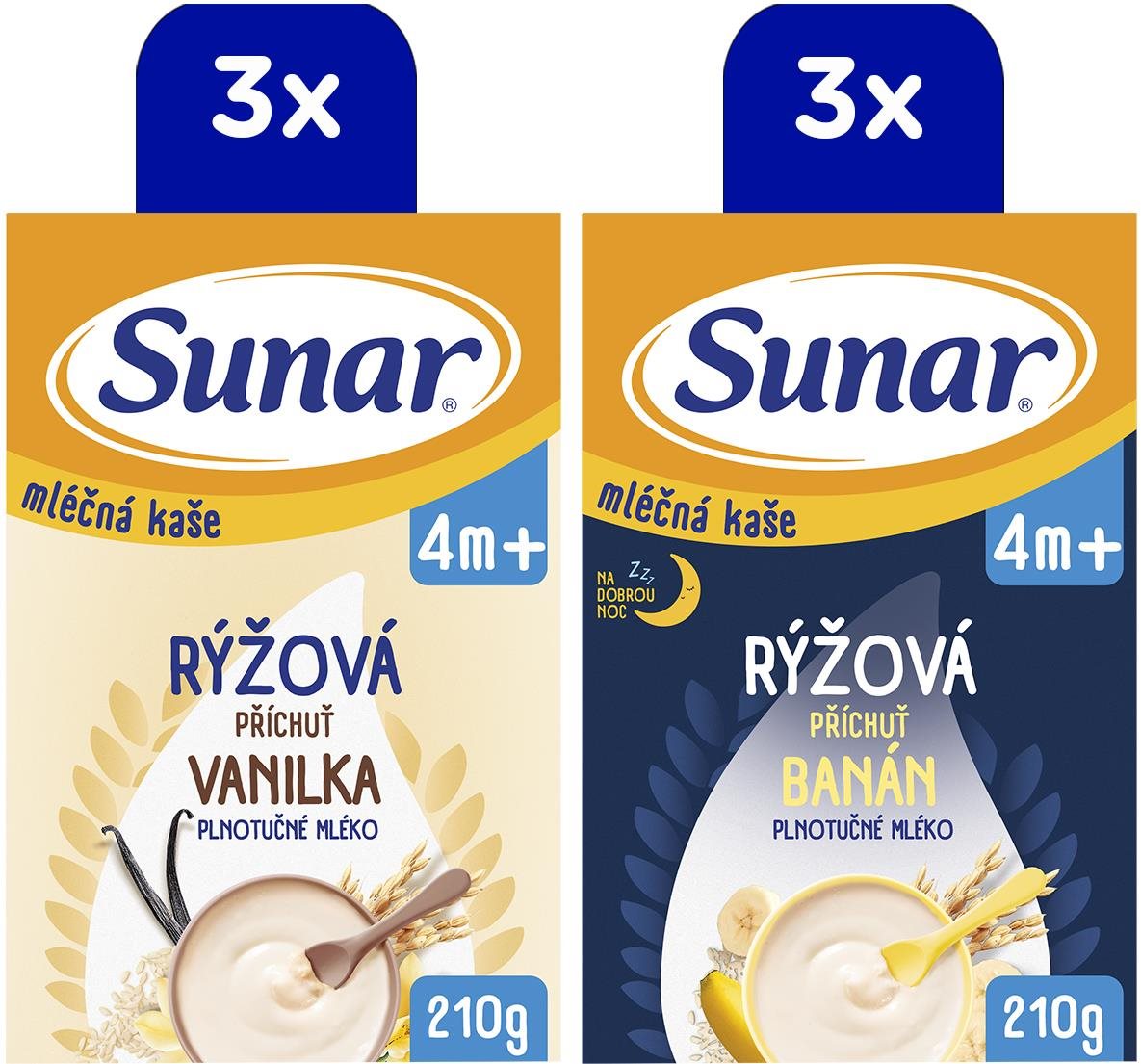 Sunar mléčná rýžová kaše mix příchutí 4m+, 6× 210 g