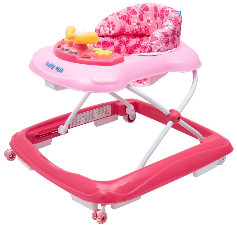 BABY MIX dětské chodítko s volantem a silikonovými kolečky růžové