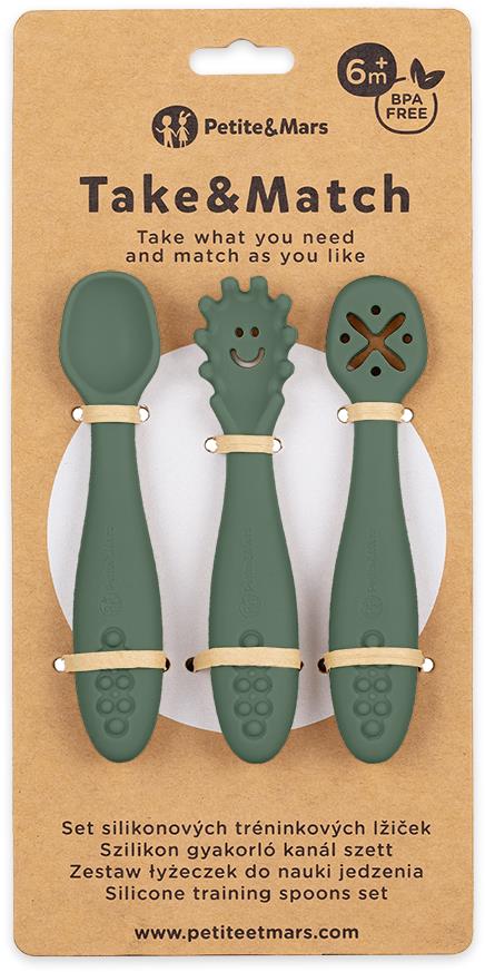 PETITE&MARS Set silikonových tréninkových lžiček Take&Match Misty Green 3 ks