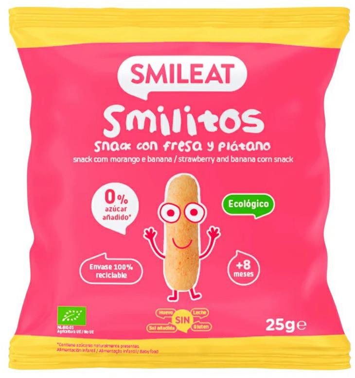 SMILEAT Bio kukuřičné křupky banán a jahoda s extra panenským olivovým olejem a vitaminem B1m 25 g