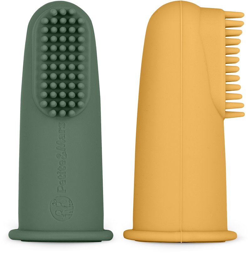 PETITE&MARS kartáček na prst Ochre&Green 0 m+, 2 ks