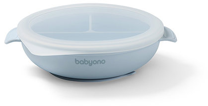 BabyOno silikonový talíř s přísavkou a víčkem modrý