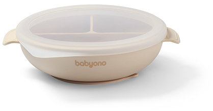 BabyOno silikonový talíř s přísavkou a víčkem béžový
