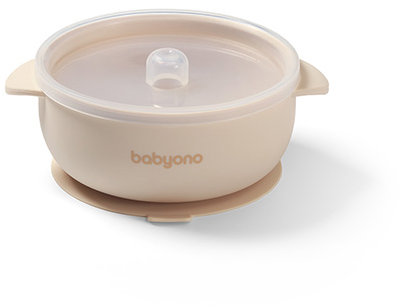 BabyOno silikonový hrnek s víkem béžový