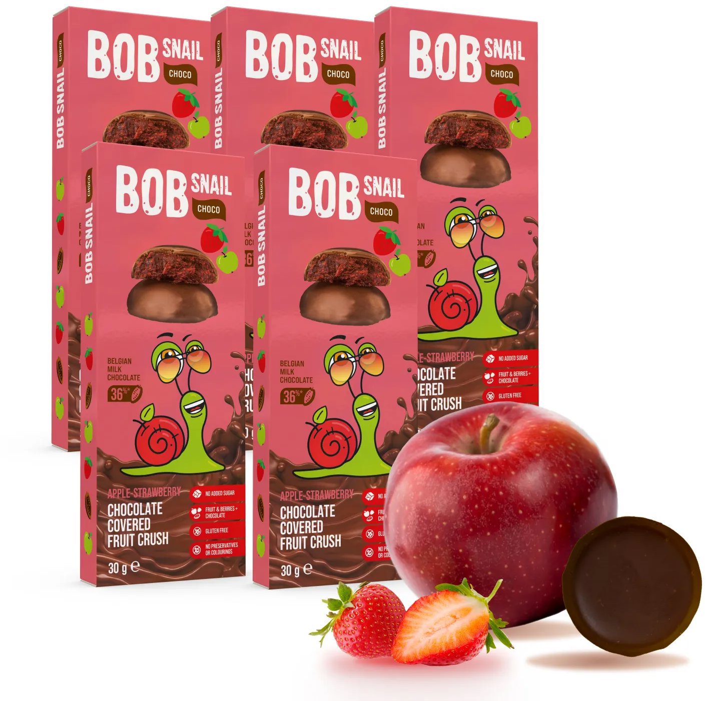 Šnek BOB v mléčné čokoládě jablko-jahoda 5× 30 g
