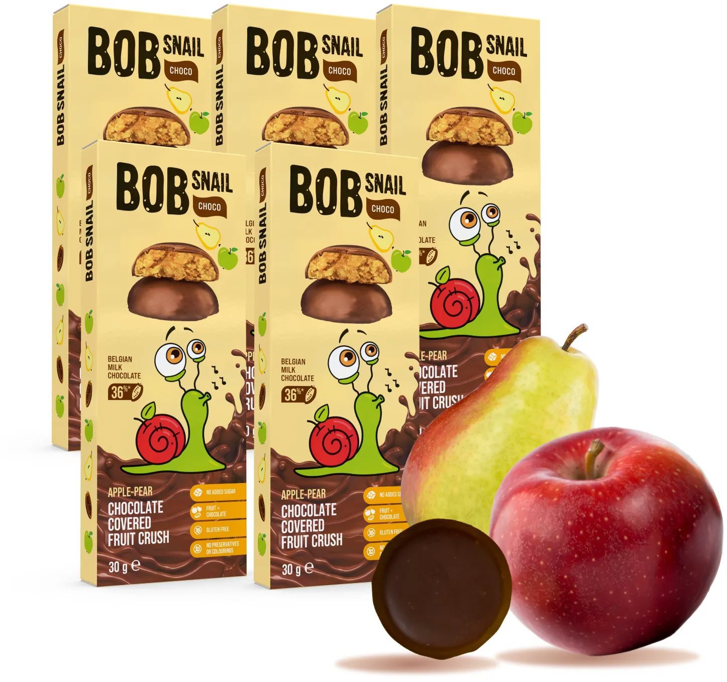 Šnek BOB v mléčné čokoládě jablko-hruška 5× 30 g