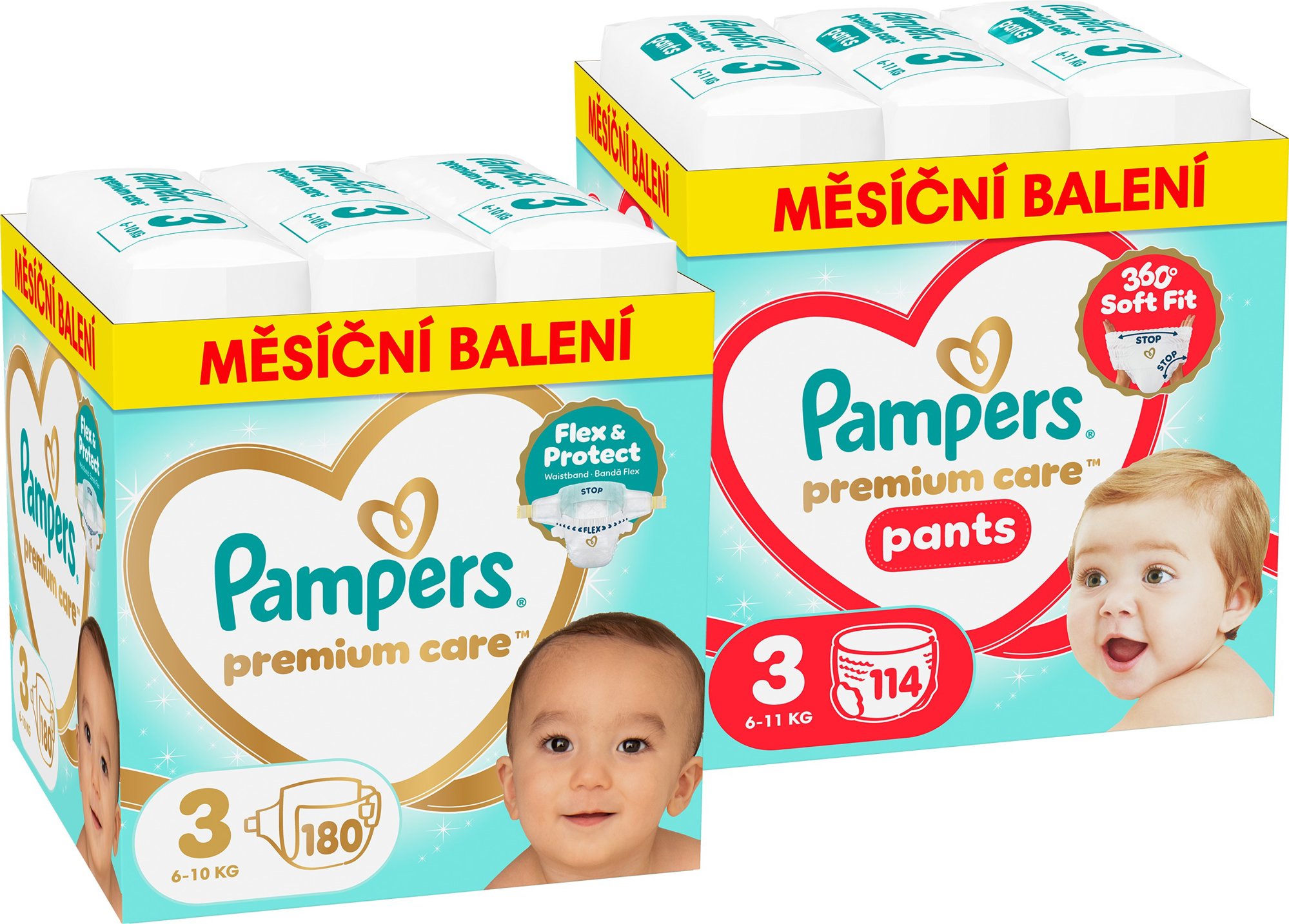 PAMPERS Premium Care Pants vel. 3 (114 ks) + PAMPERS Premium Care vel. 3 (180 ks)
