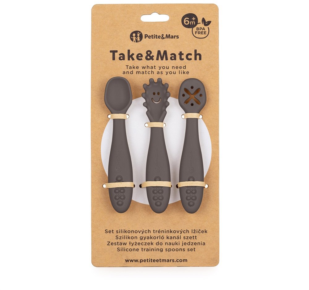 PETITE&MARS Set silikonových tréninkových lžiček Take&Match Bitter Cocoa 6 m+, 3 ks