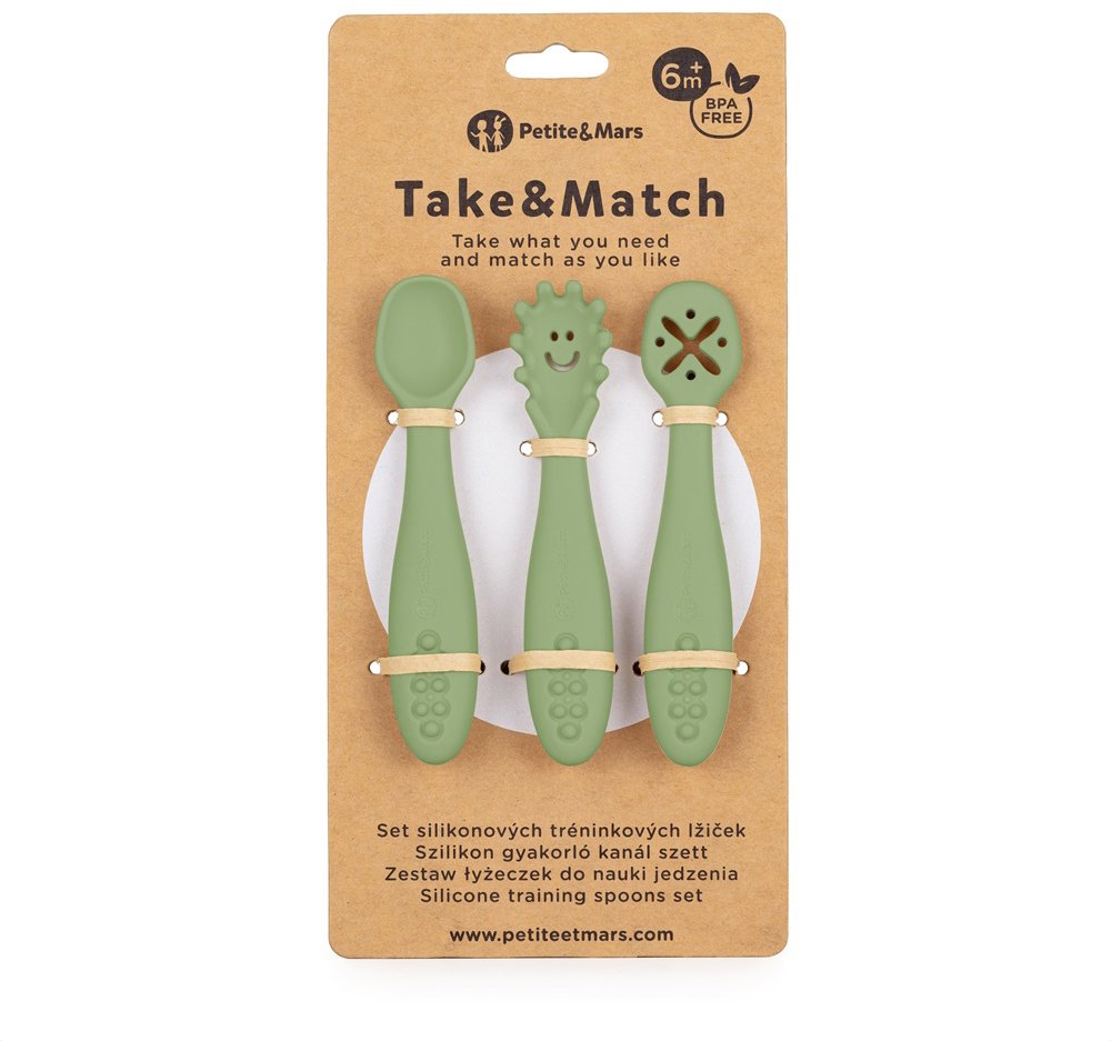 PETITE&MARS Set silikonových tréninkových lžiček Take&Match Sweet Pea 6 m+, 3 ks