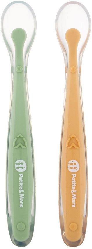 PETITE&MARS Silikonové lžičky s pouzdrem Take&Match Pea Ochre 6m+, 2 ks