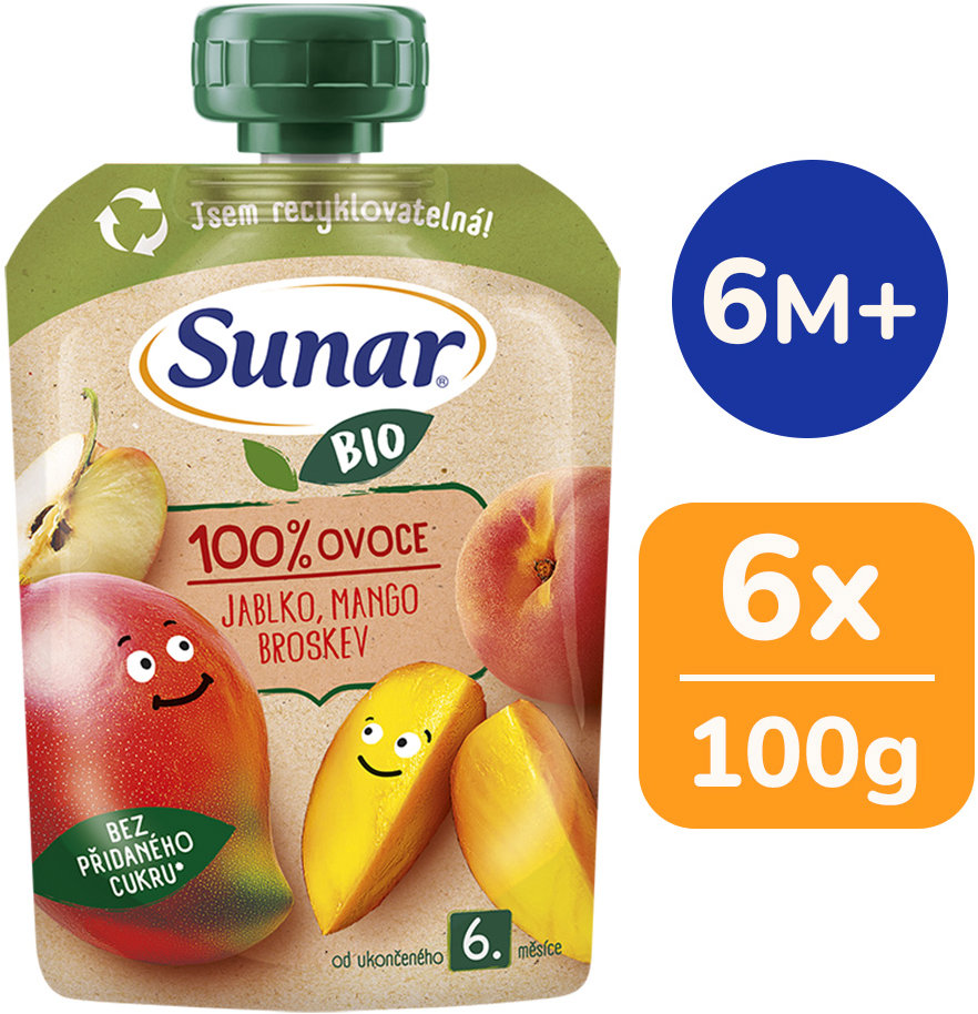 Sunar BIO Jablko mango broskev 6× 100 g