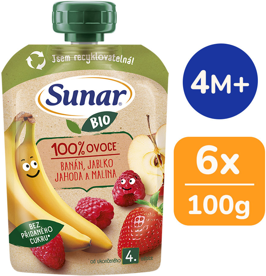 Sunar BIO Banán jablko jahoda malina 6× 100 g