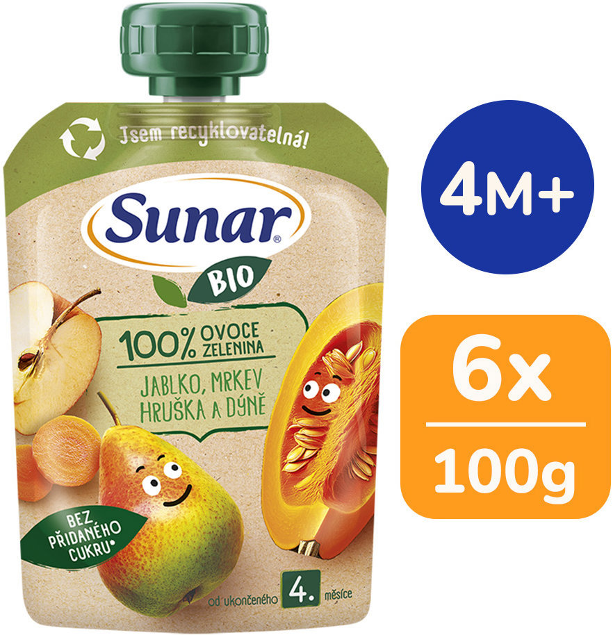 Sunar BIO Jablko hruška mrkev dýně 6× 100 g