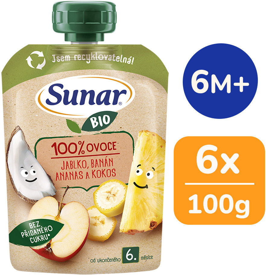 Sunar BIO Jablko banán ananas kokos 6× 100 g