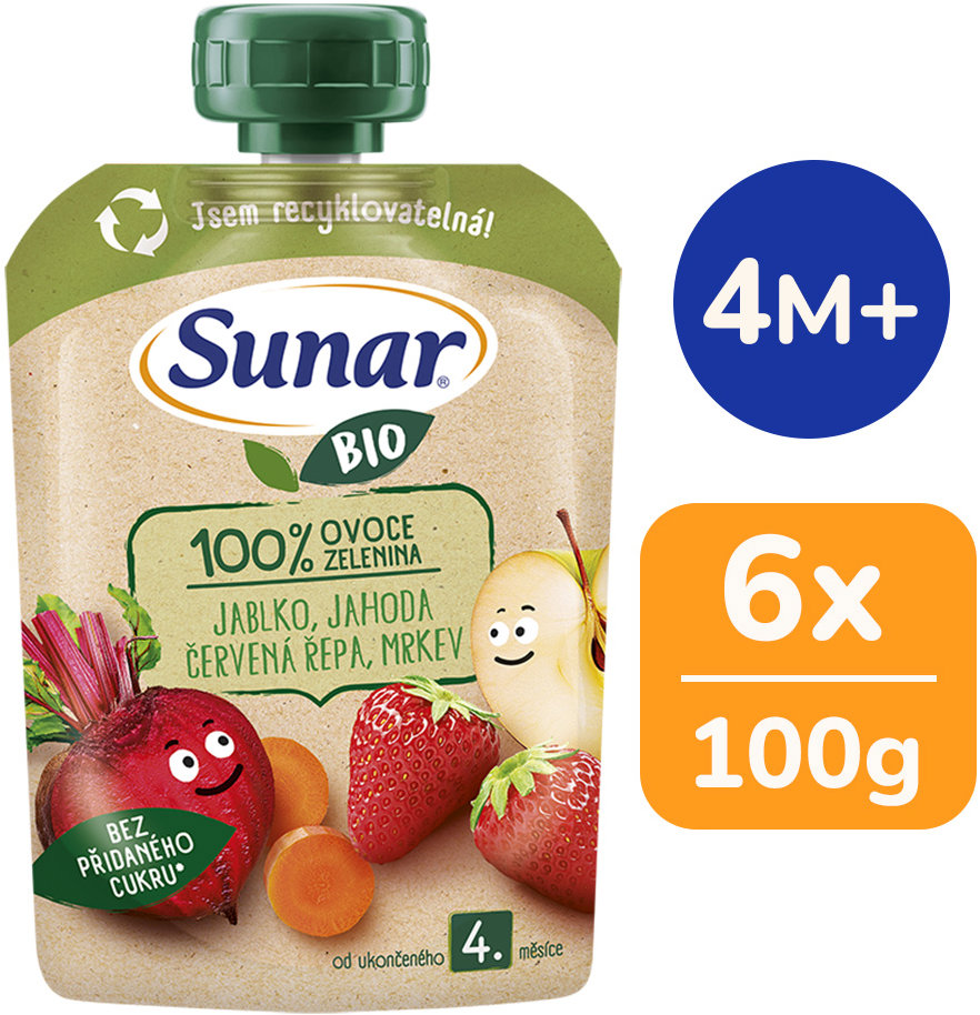 Sunar BIO Jablko jahoda červená řepa 6× 100 g