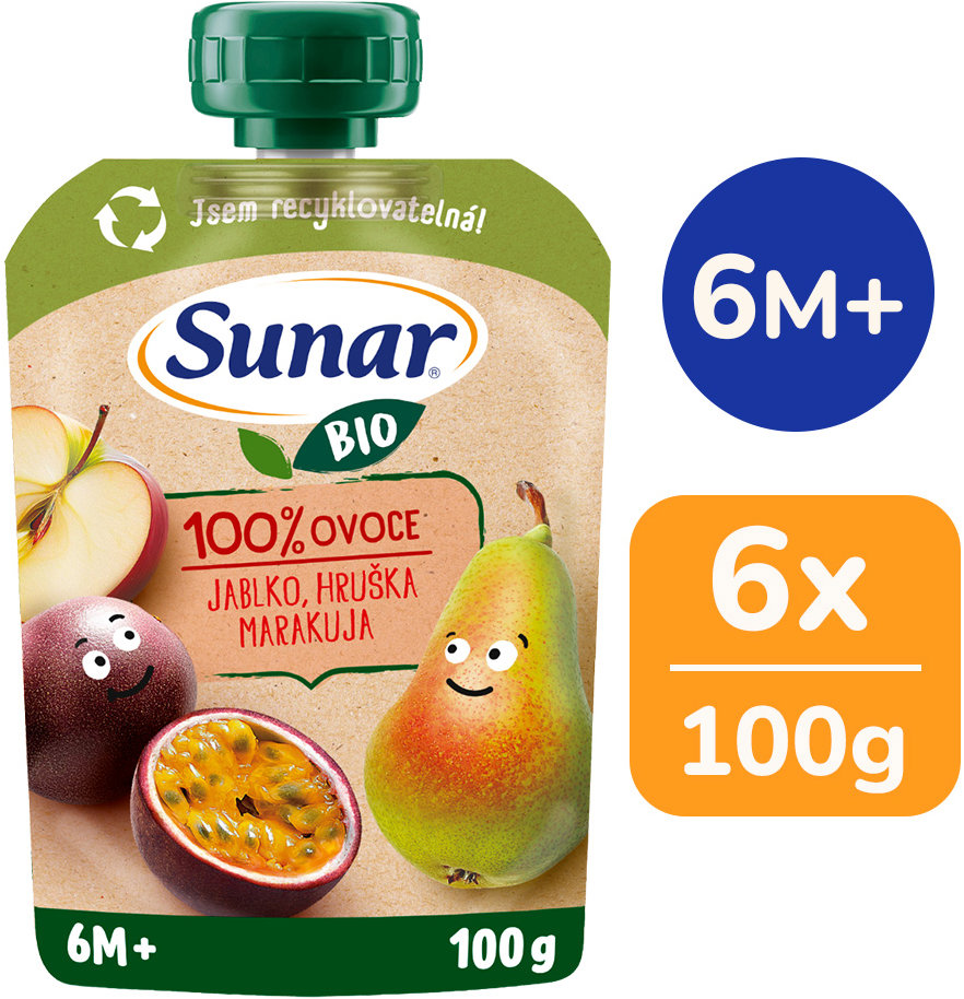 Sunar BIO Jablko hruška marakuja 6× 100 g