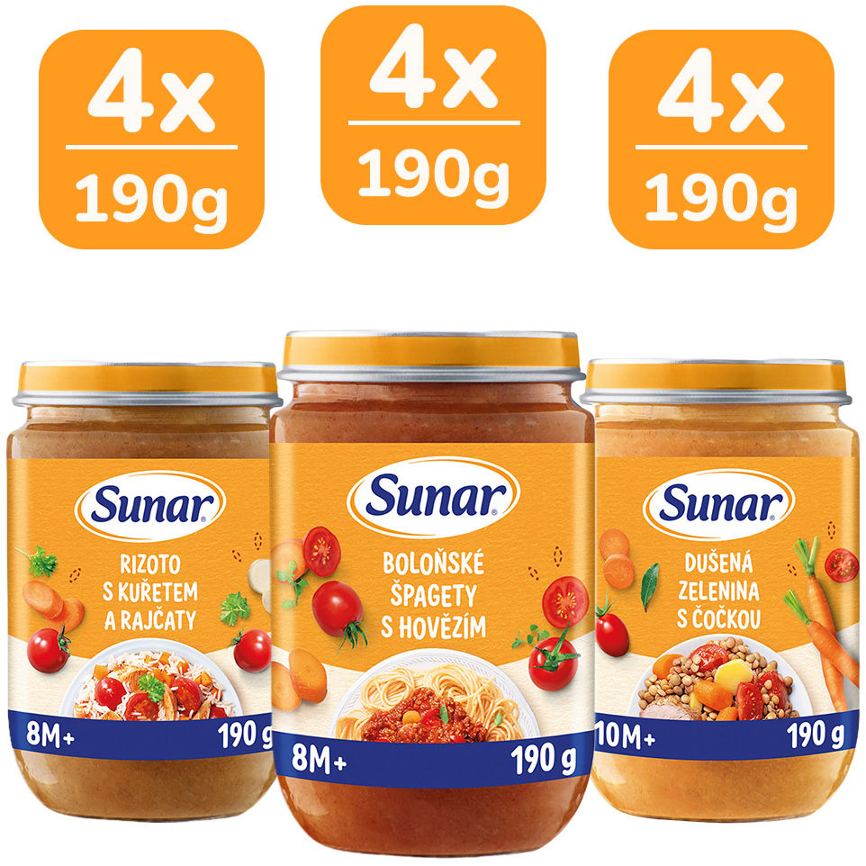 Sunar masozeleninový příkrm mix příchutí 8/10m+, 12× 190 g