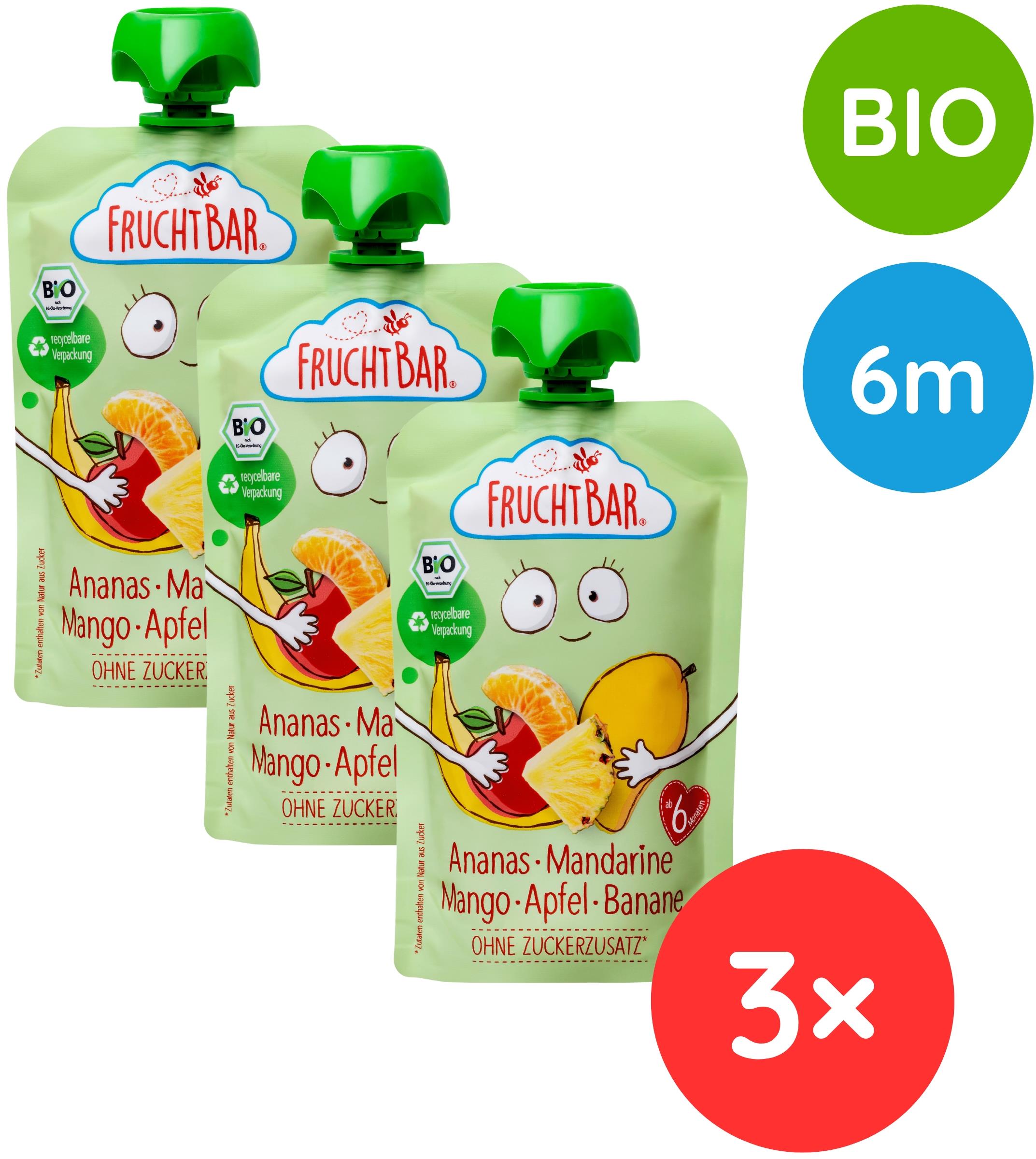 FruchtBar BIO ovocná kapsička s jablkem, ananasem, mangem, banánem a mandarinkou 3× 100 g