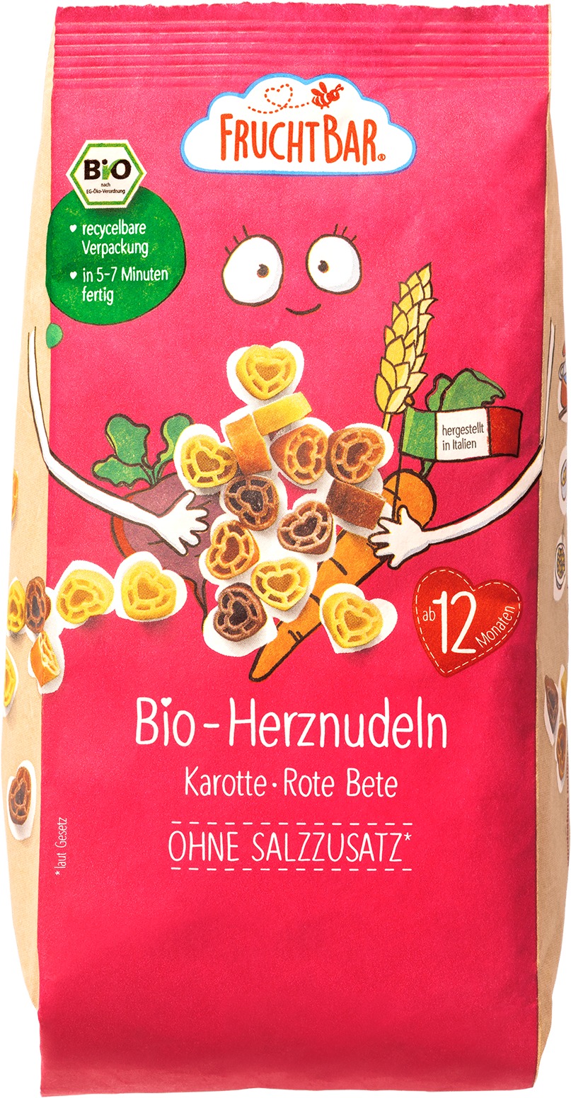 FruchtBar BIO těstoviny srdíčka s mrkví, řepou a pšenicí 300 g