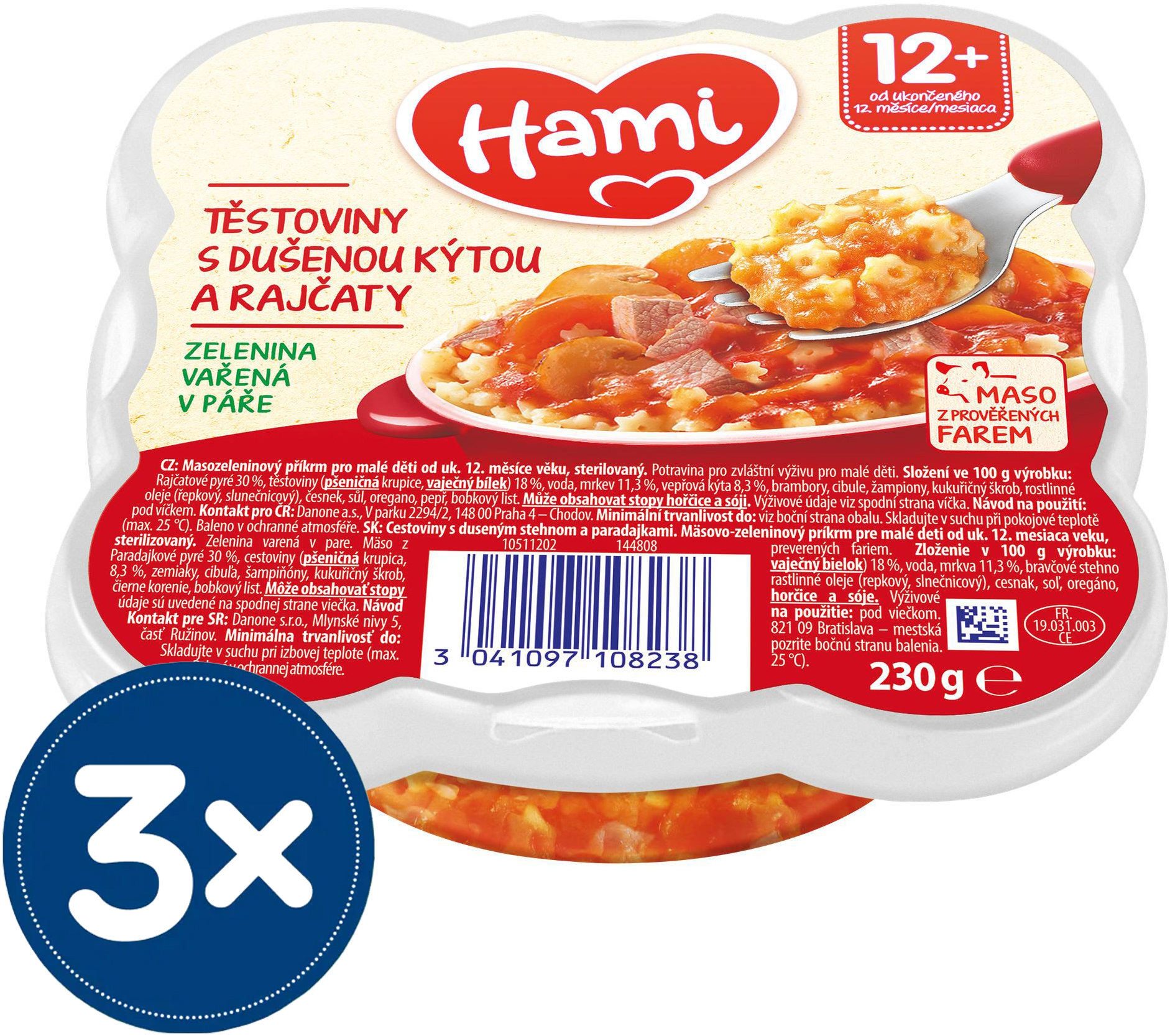 Hami masozeleninový talířek Těstoviny s dušenou kýtou a rajčaty 3× 230 g