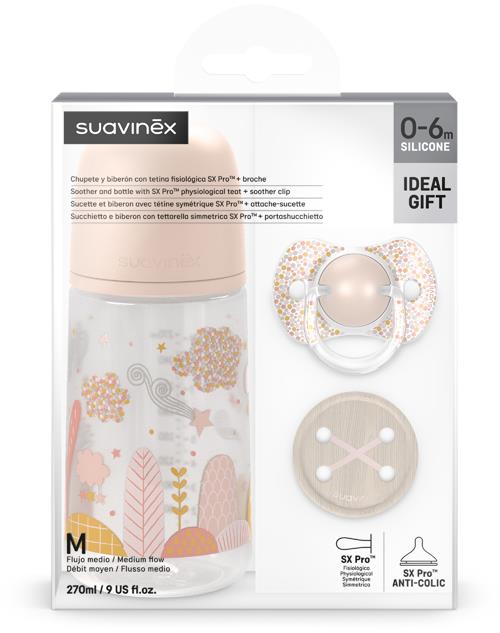 Suavinex Sada láhev 270 ml + dudlík fyziologický 0-6m + klip Dreams růžová